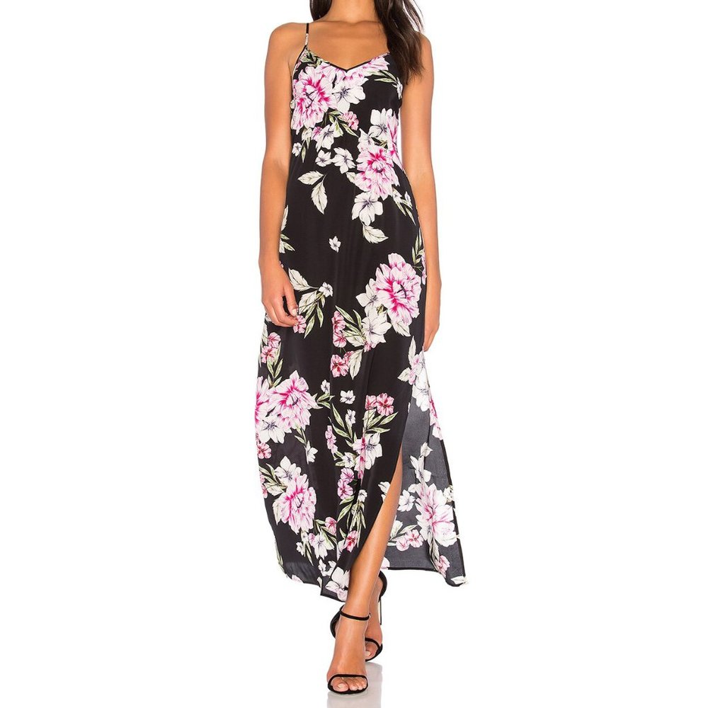 Yumi Kim Floral 100% Silk Maxi Dress Black Pink Long $248 Bold Blooms Flowers XS